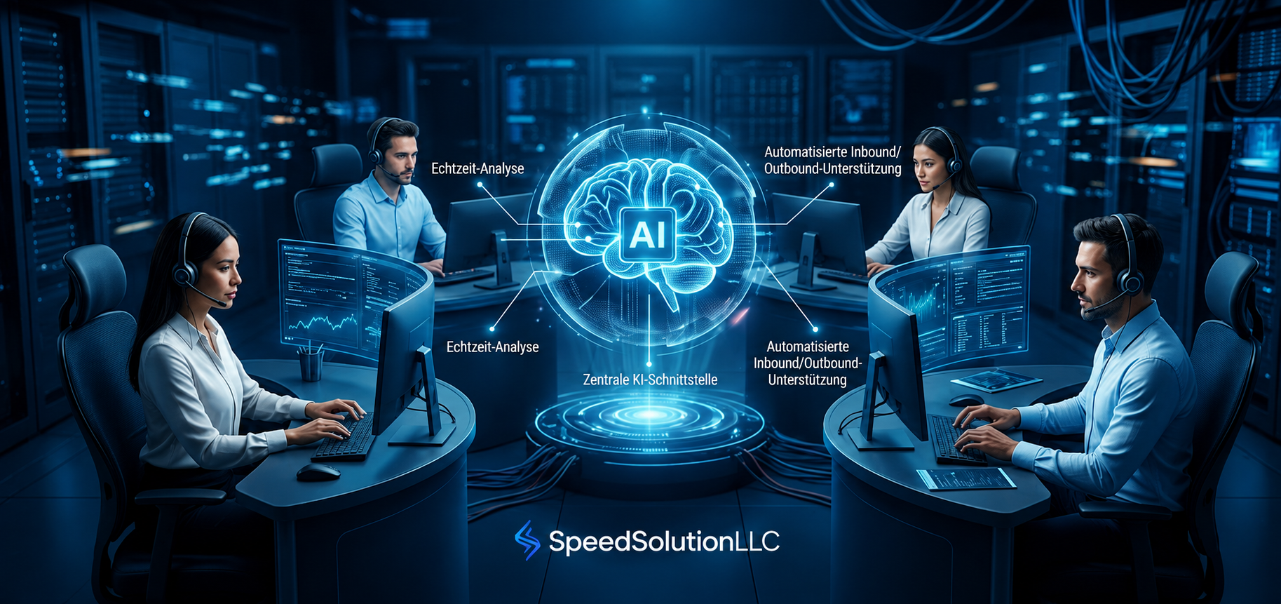 Futuristisches Call Center mit KI-Agenten und realen Agenten, die zusammenarbeiten
